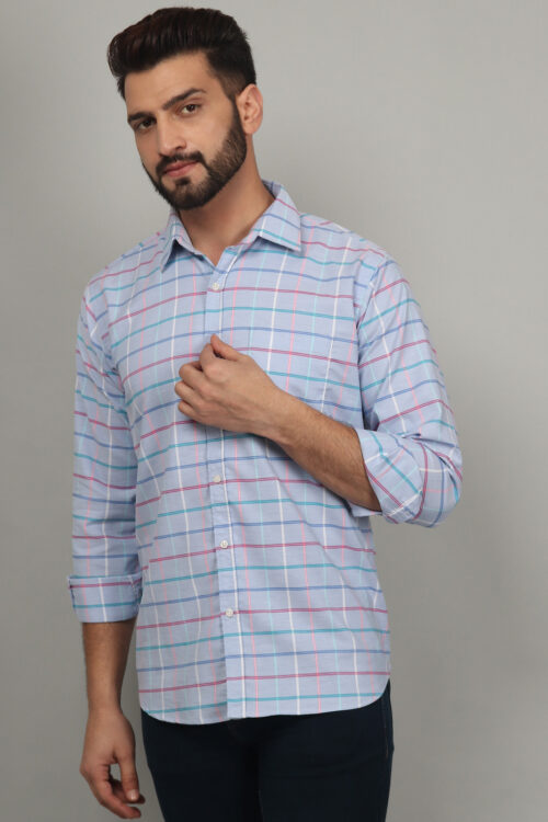 Multicolor Sky Blue Check Shirts For Men
