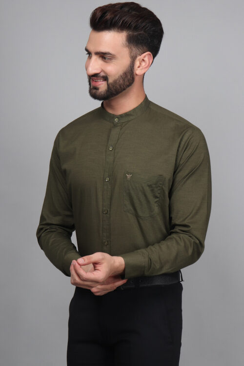 Olive Green – Mandarin Collar Shirts For Men
